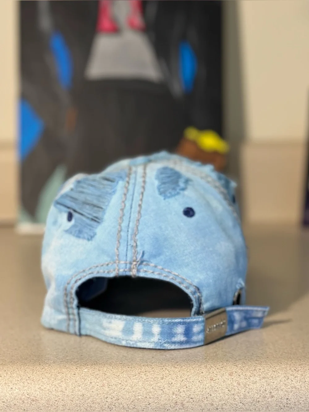 Light Blue Distressed Denim Baseball Cap with Yellow Jamaica Script | Unisex